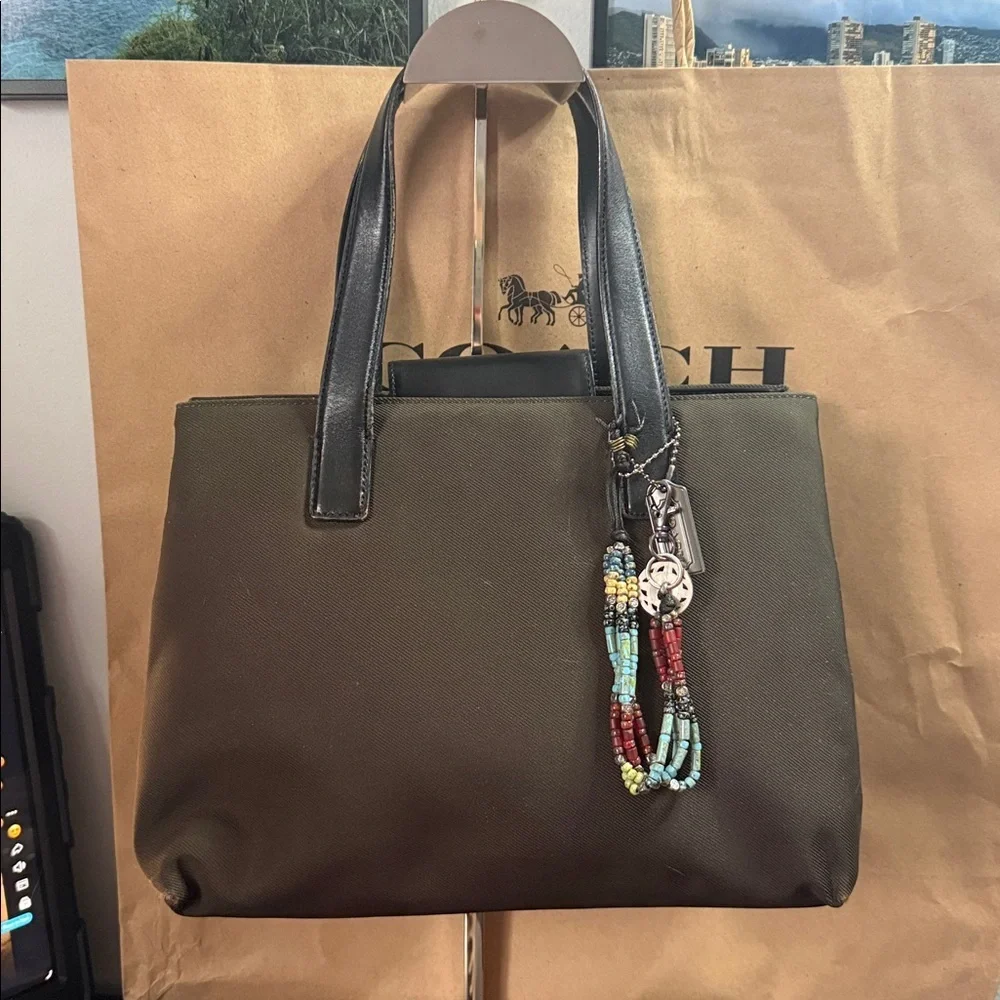 Coach Mercer Olive Green and Black Tote Satchel with Bead Charm